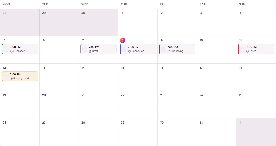 Content scheduler calendar showing draft, scheduled and published demo posts